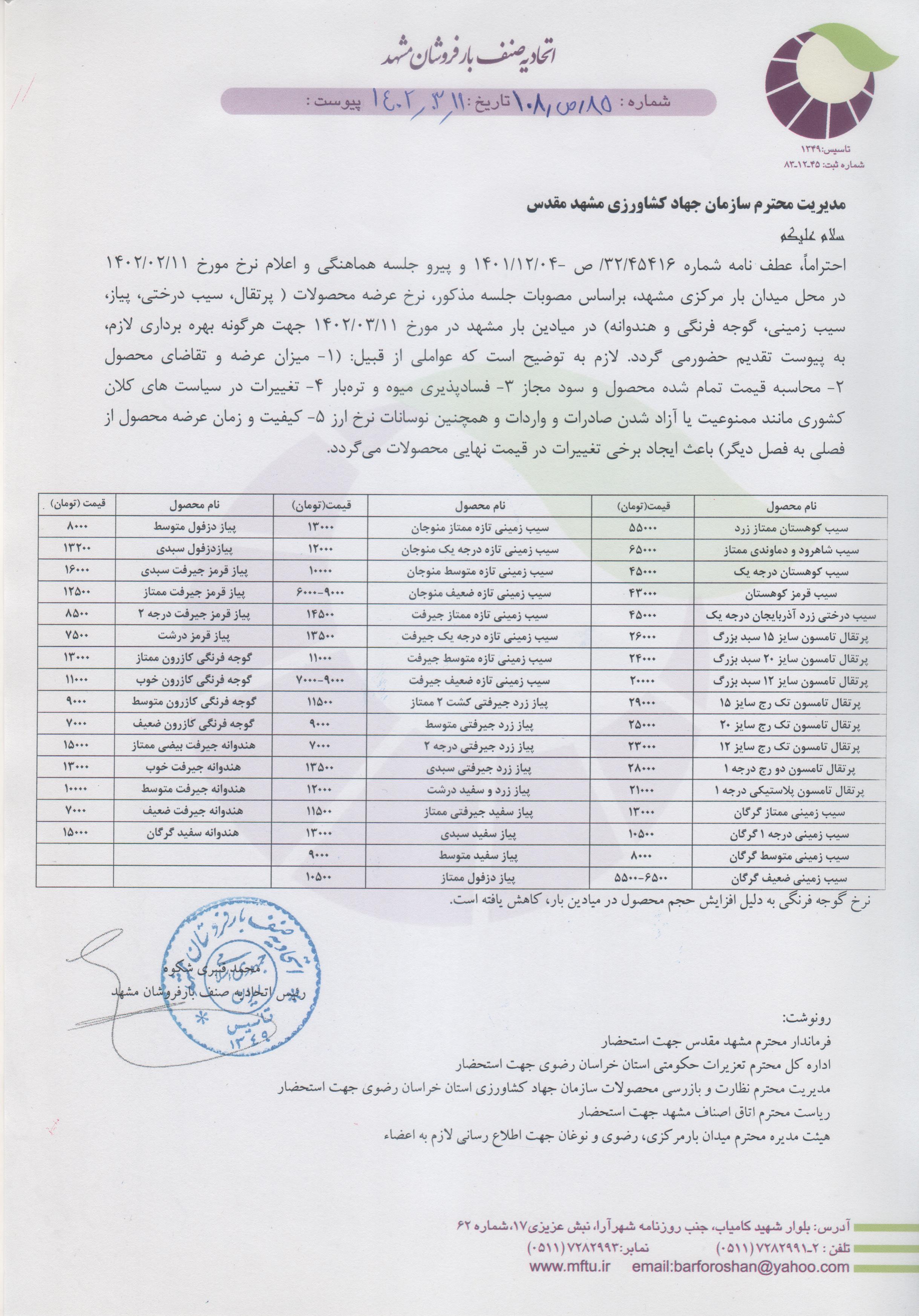 اتحادیه صنف بارفروشان مشهد