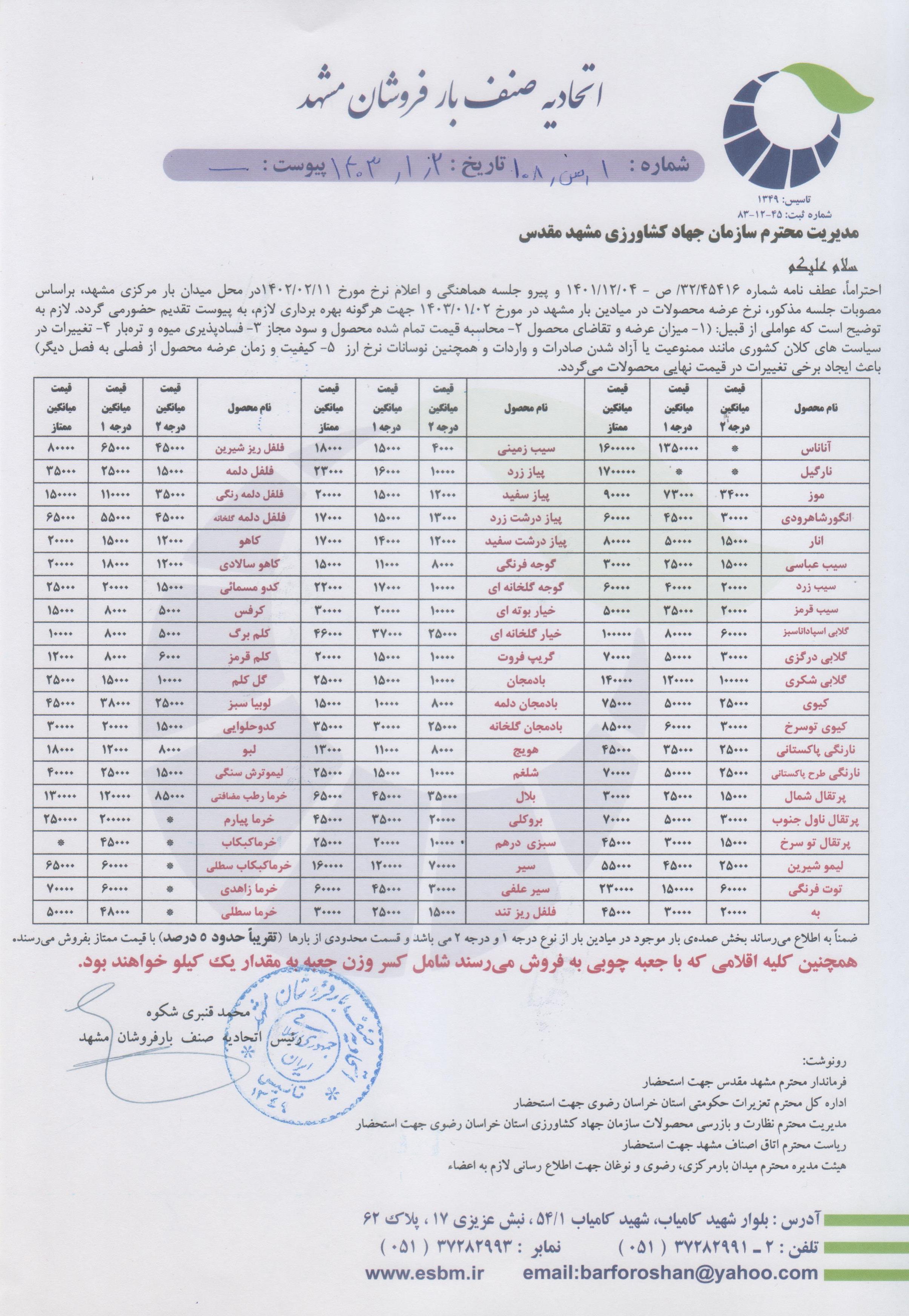 اتحادیه صنف بارفروشان مشهد