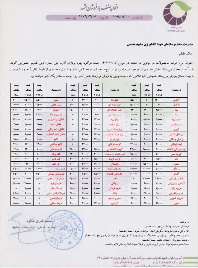 اتحادیه صنف بارفروشان مشهد