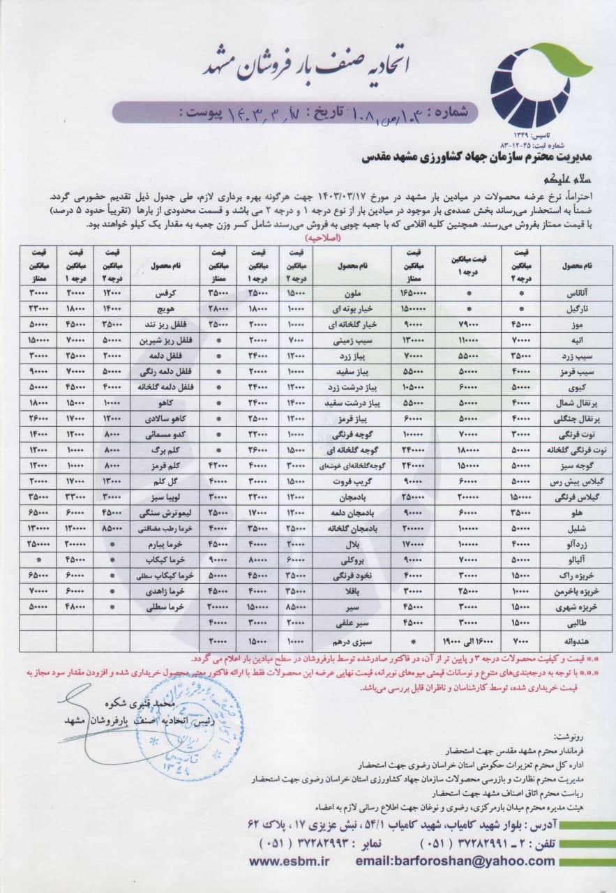 اتحادیه صنف بارفروشان مشهد