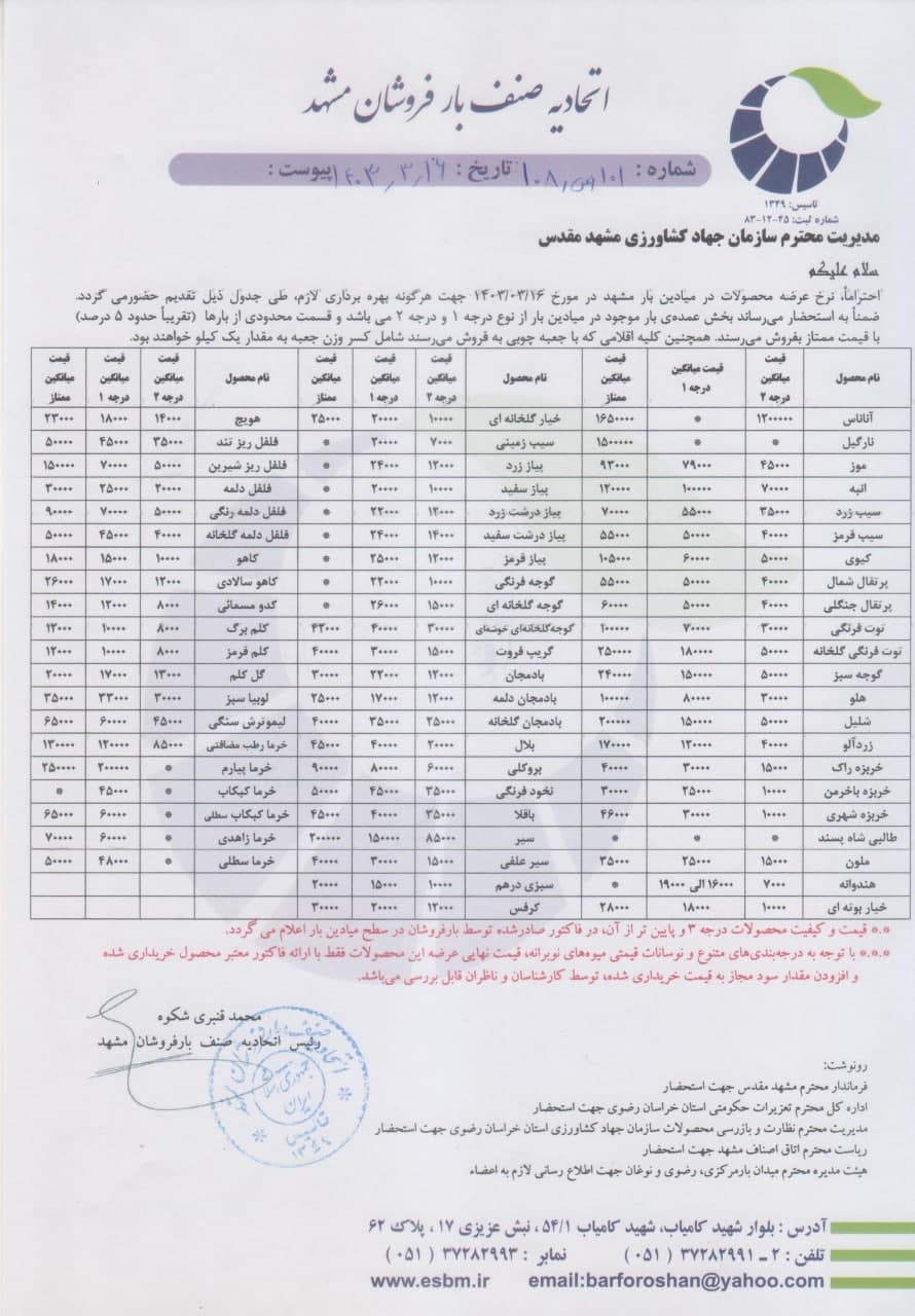 اتحادیه صنف بارفروشان مشهد