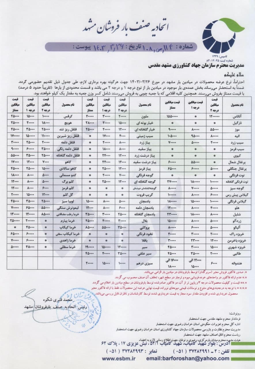 اتحادیه صنف بارفروشان مشهد