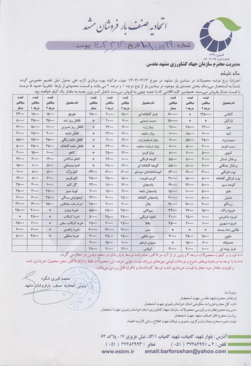 اتحادیه صنف بارفروشان مشهد