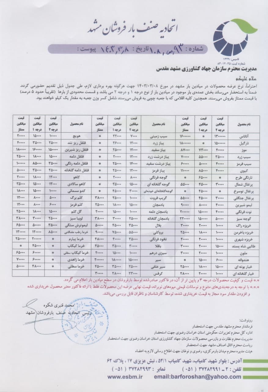 اتحادیه صنف بارفروشان مشهد