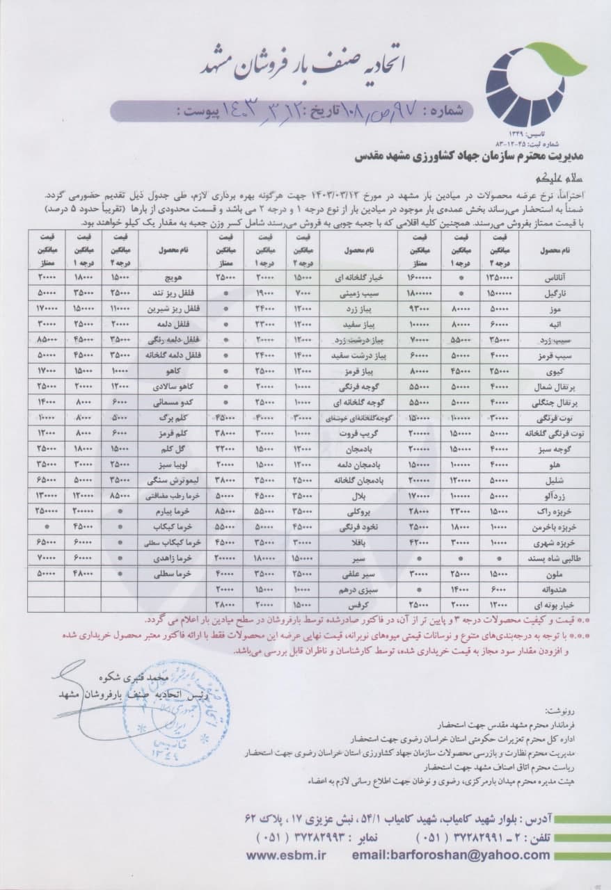 اتحادیه صنف بارفروشان مشهد