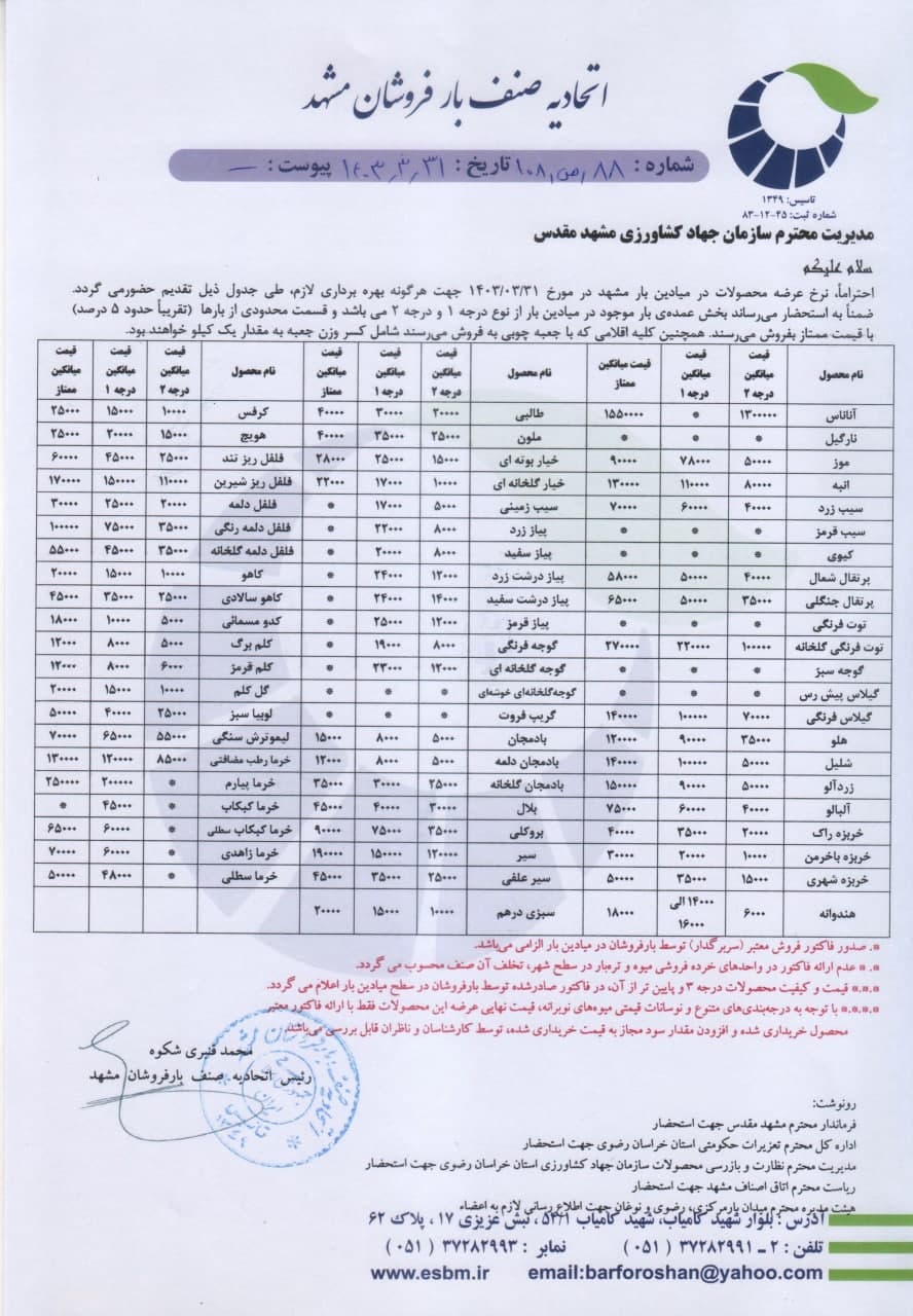 اتحادیه صنف بارفروشان مشهد