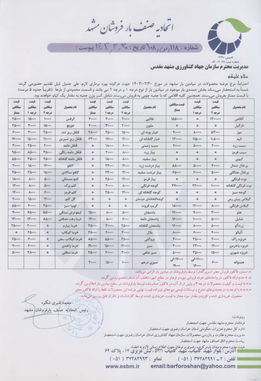 اتحادیه صنف بارفروشان مشهد