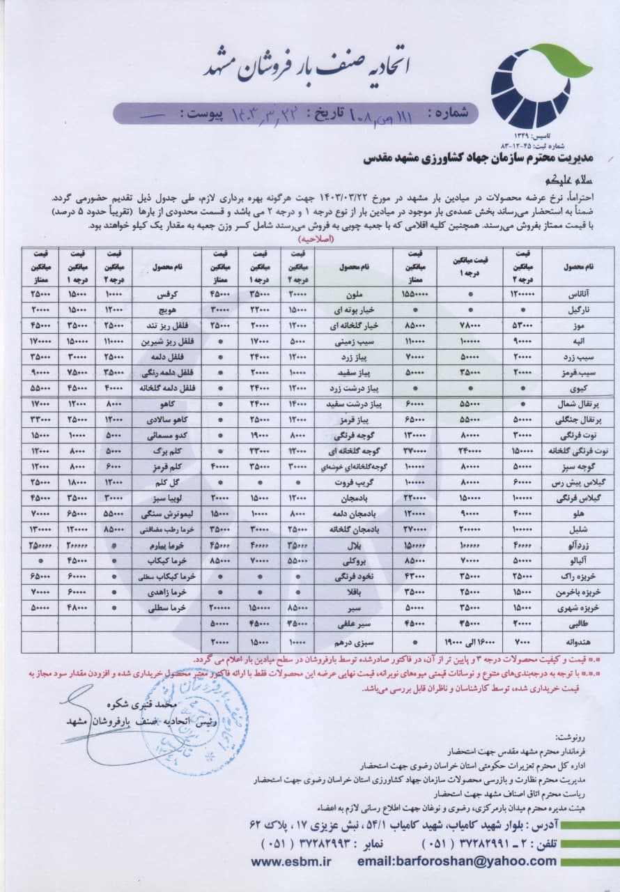اتحادیه صنف بارفروشان مشهد