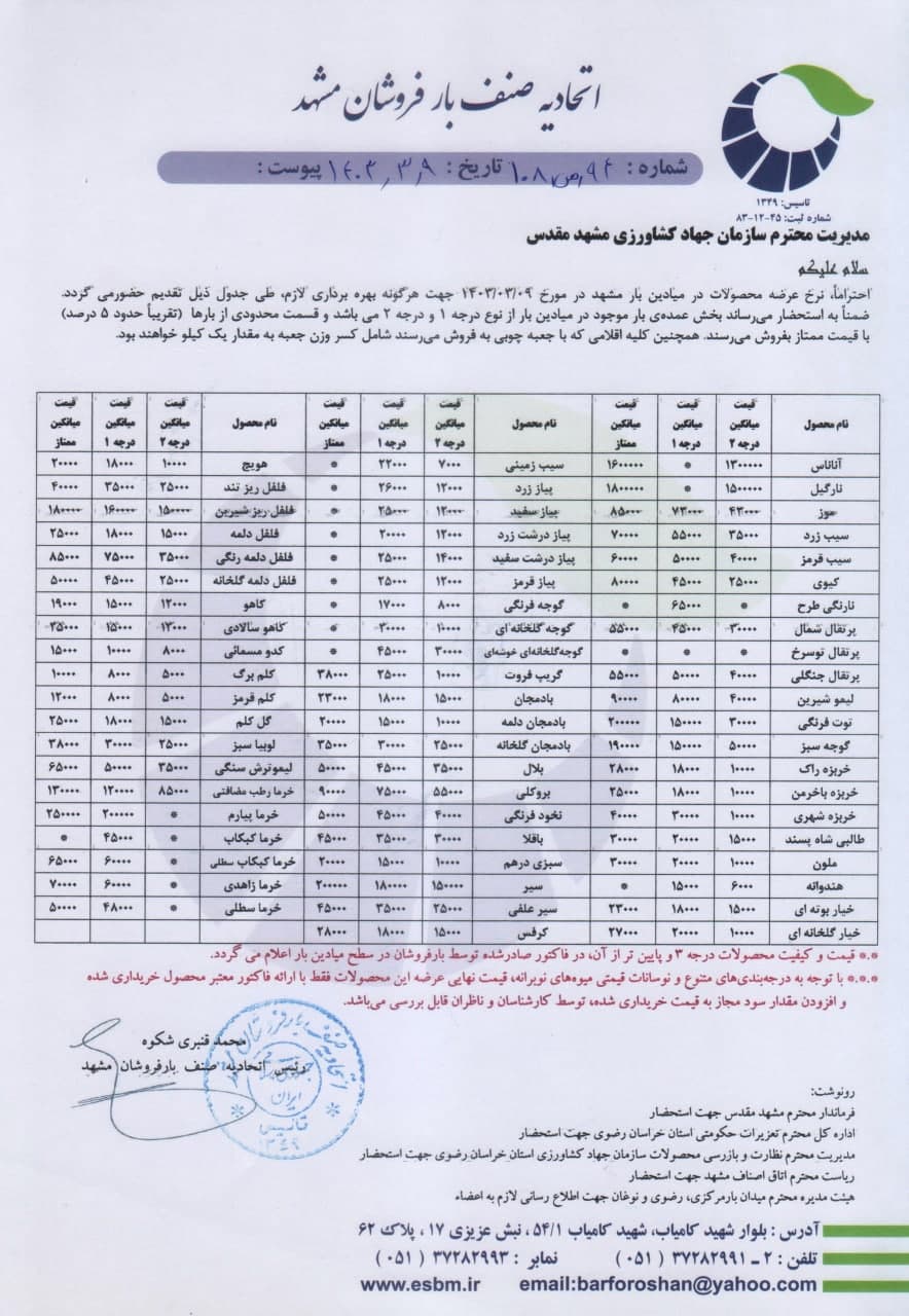 اتحادیه صنف بارفروشان مشهد