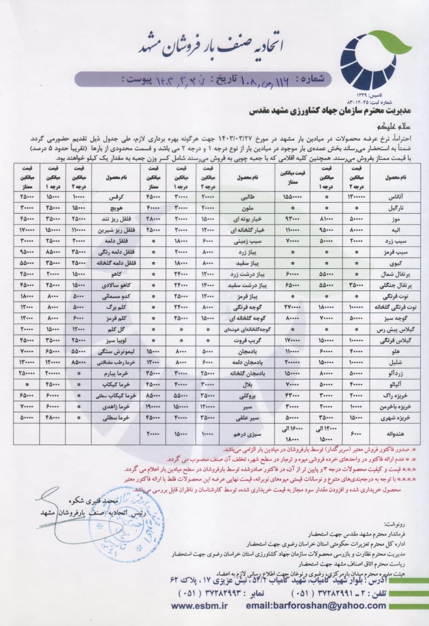 اتحادیه صنف بارفروشان مشهد