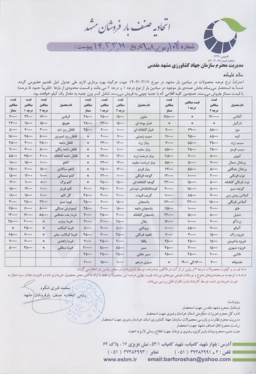 اتحادیه صنف بارفروشان مشهد