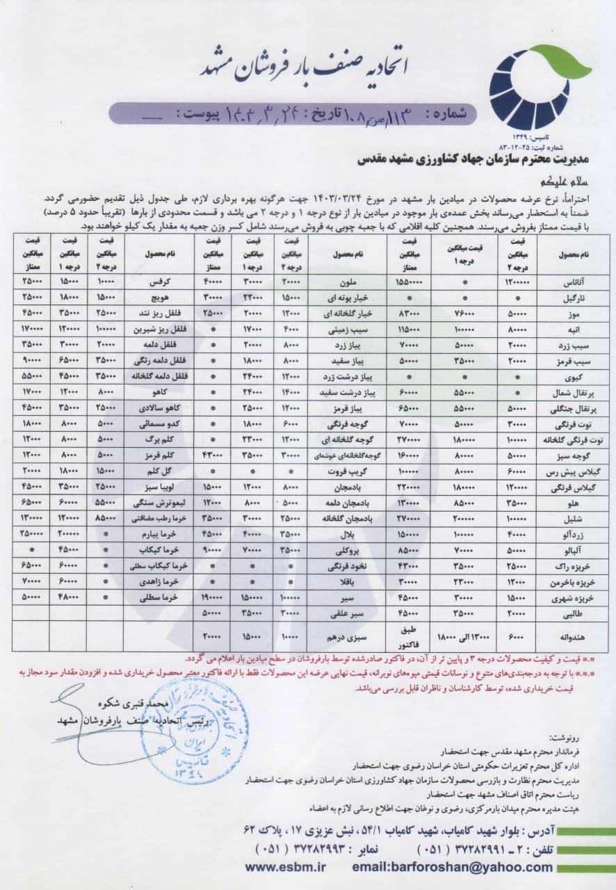 اتحادیه صنف بارفروشان مشهد