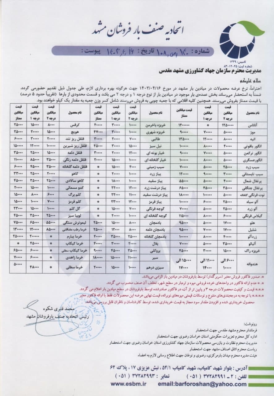 اتحادیه صنف بارفروشان مشهد