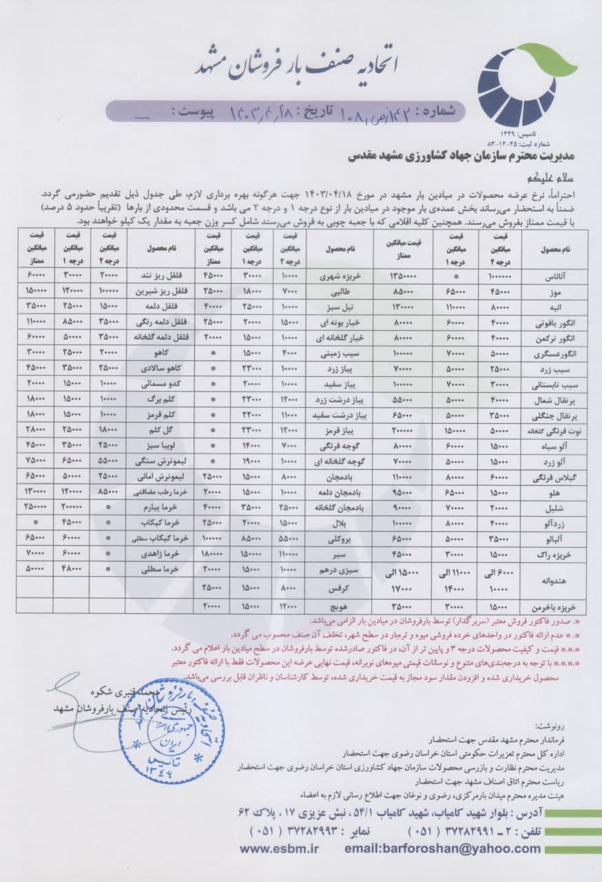 اتحادیه صنف بارفروشان مشهد
