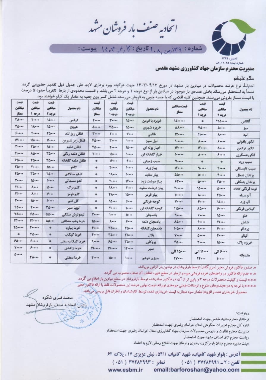 اتحادیه صنف بارفروشان مشهد