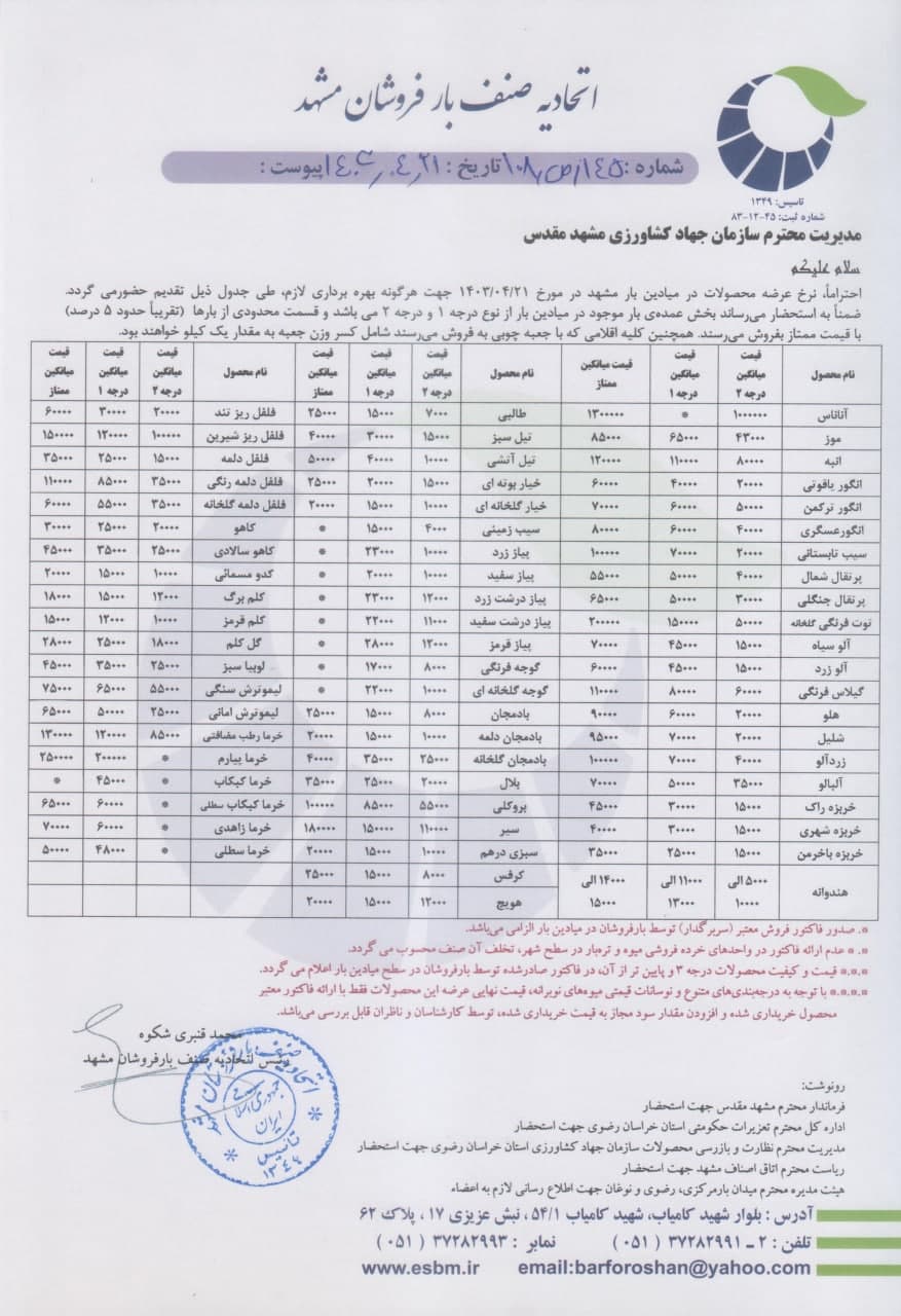 اتحادیه صنف بارفروشان مشهد
