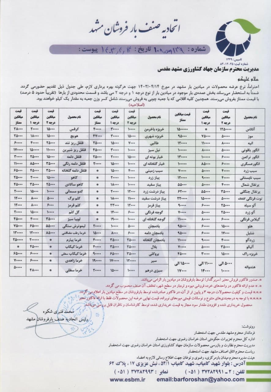اتحادیه صنف بارفروشان مشهد