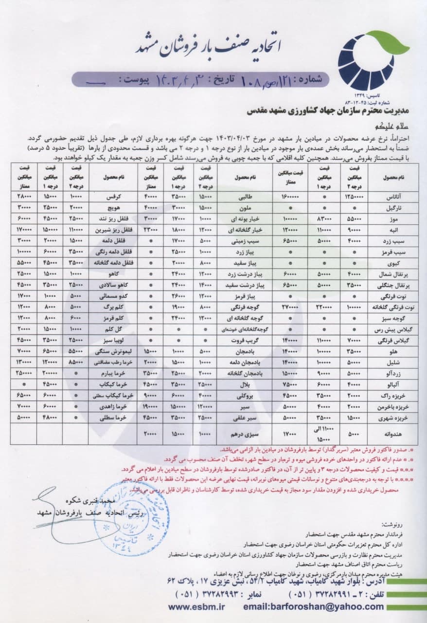 اتحادیه صنف بارفروشان مشهد