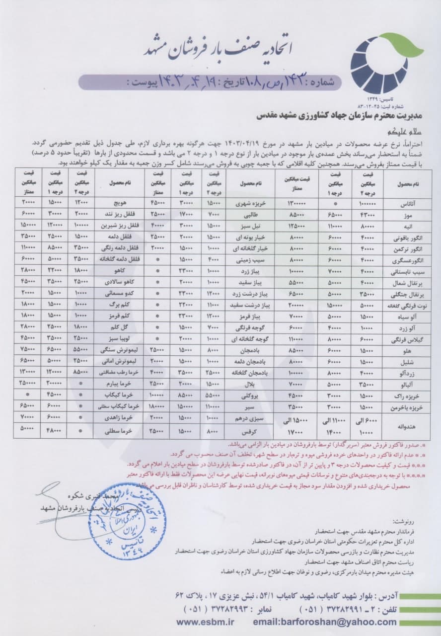اتحادیه صنف بارفروشان مشهد