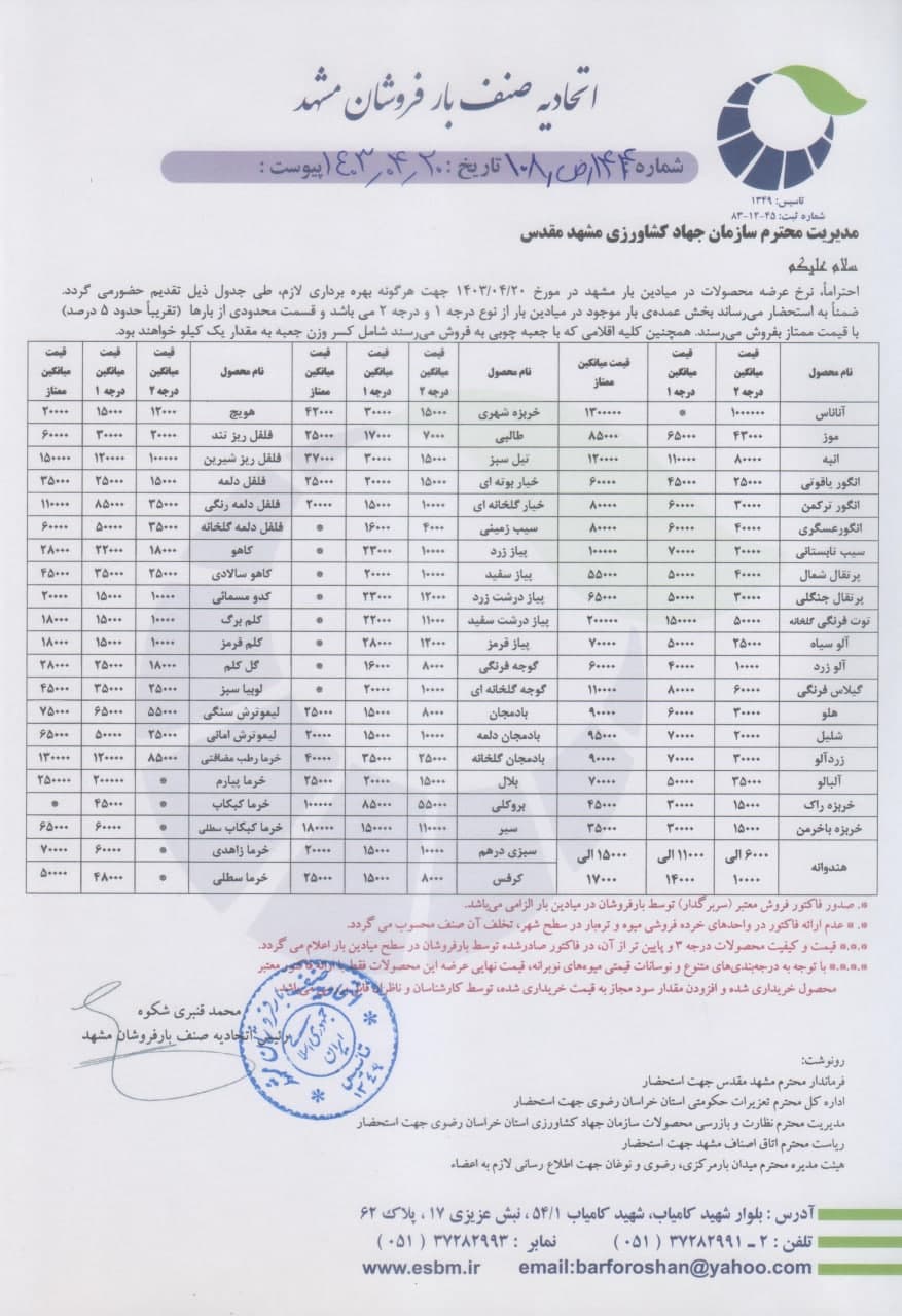 اتحادیه صنف بارفروشان مشهد