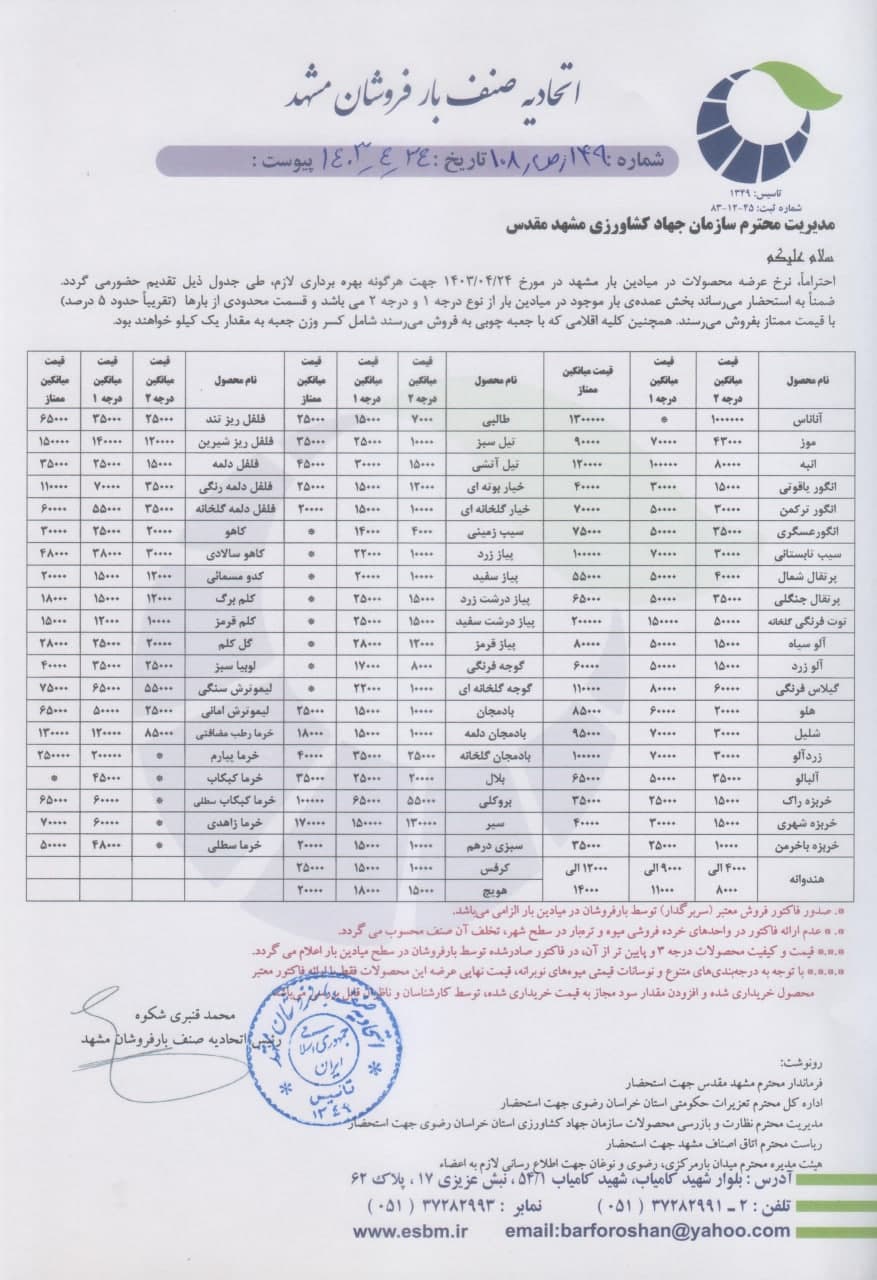 اتحادیه صنف بارفروشان مشهد