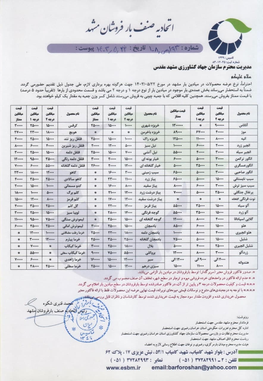 اتحادیه صنف بارفروشان مشهد