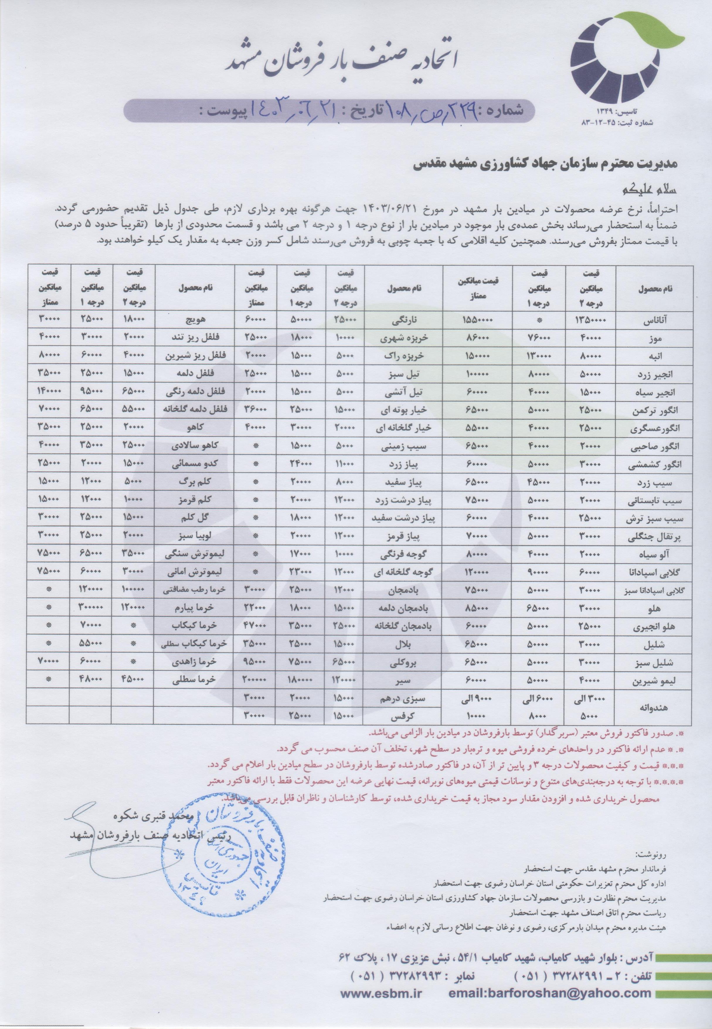 اتحادیه صنف بارفروشان مشهد