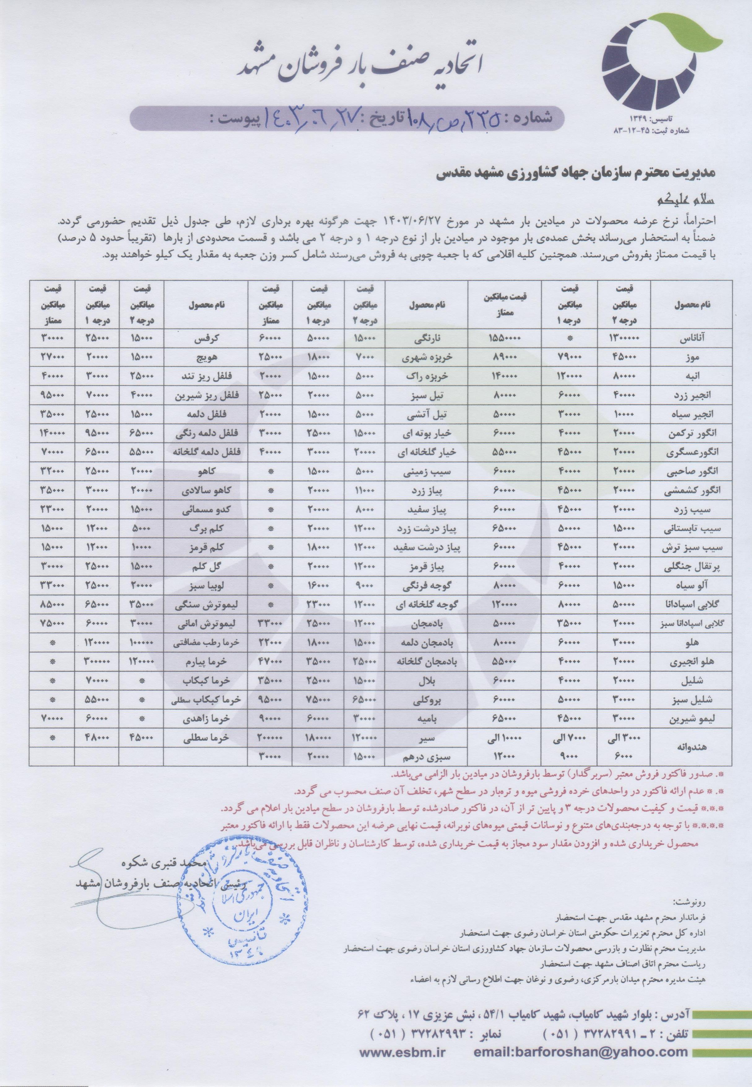 اتحادیه صنف بارفروشان مشهد