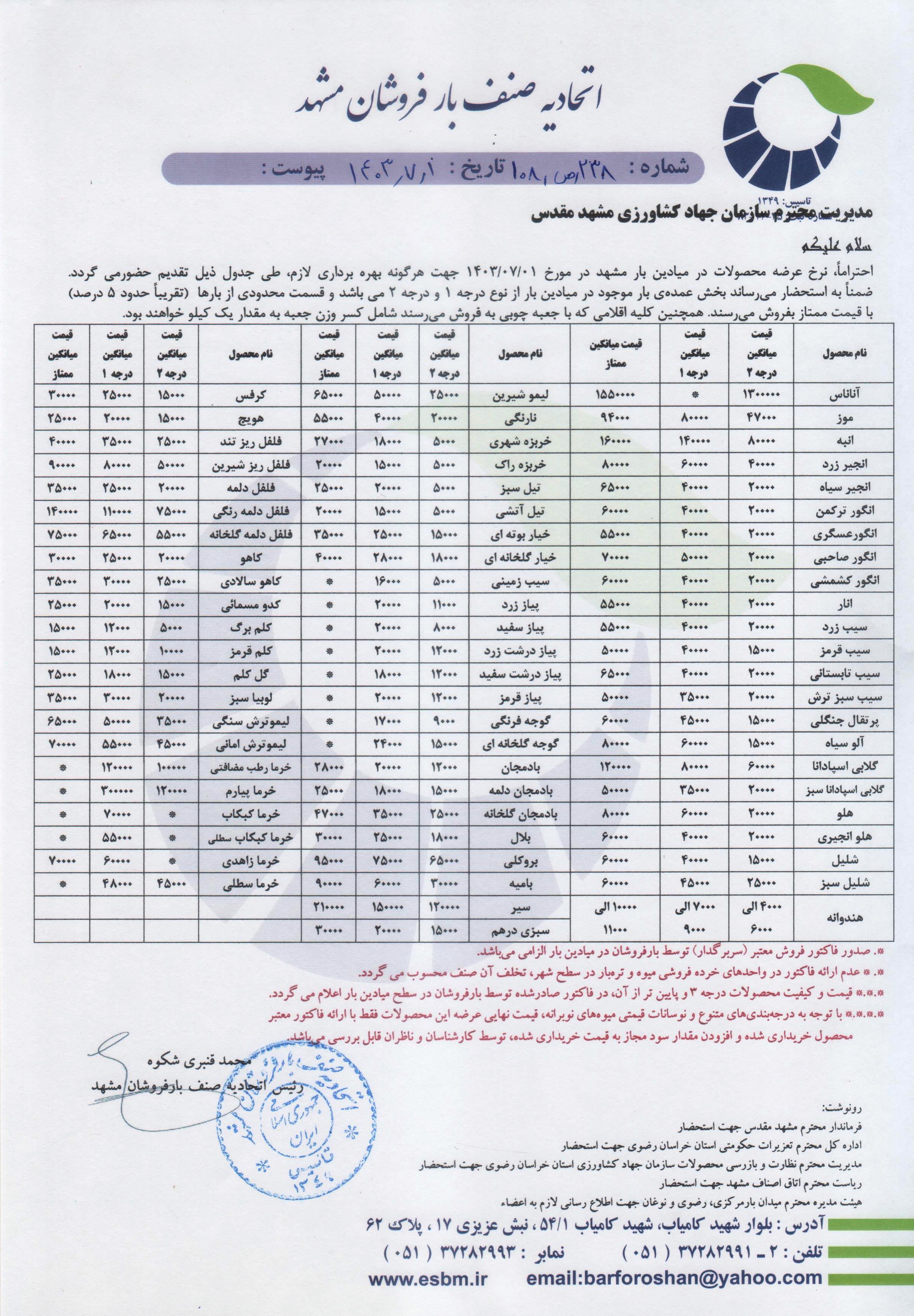 اتحادیه صنف بارفروشان مشهد