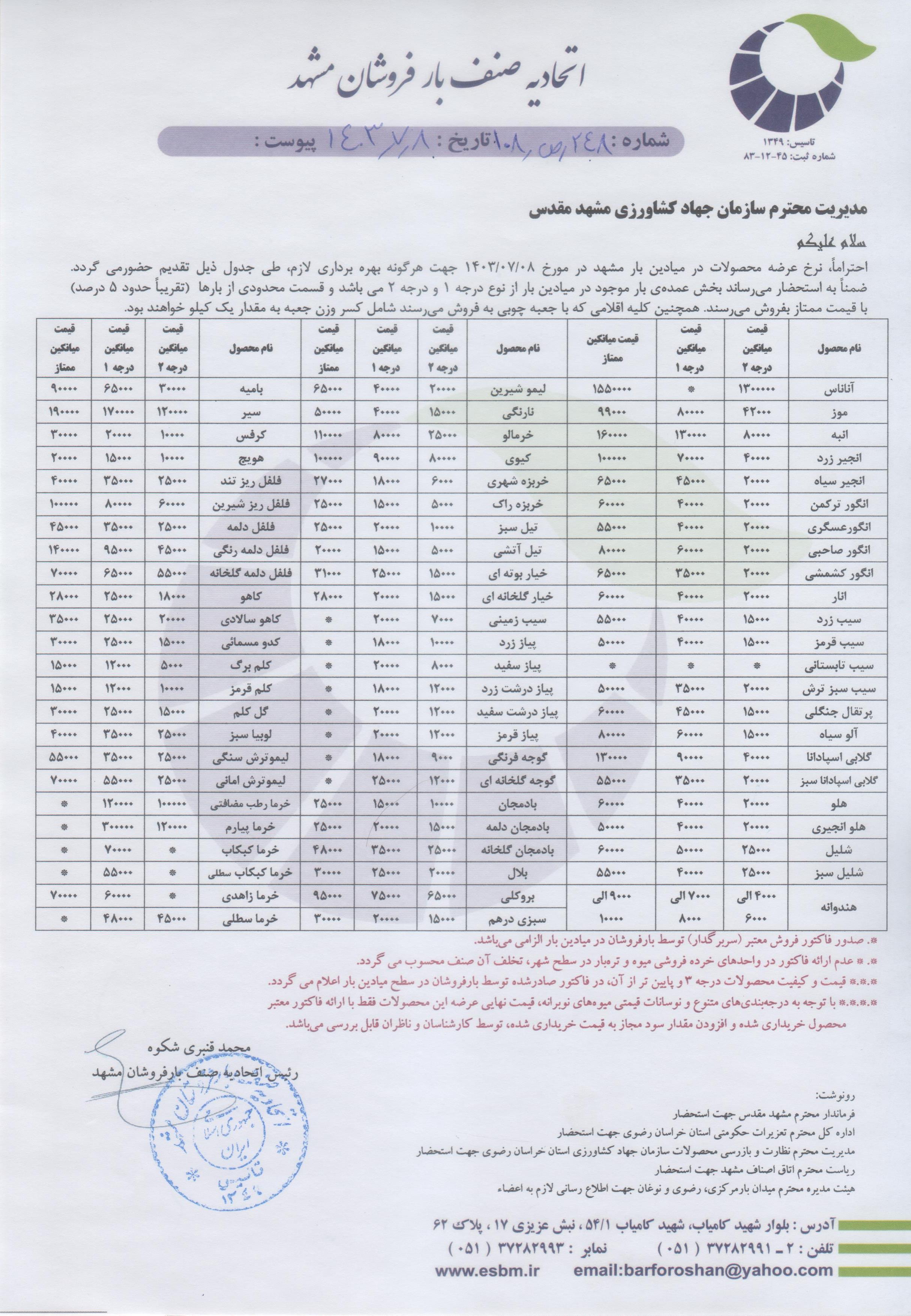 اتحادیه صنف بارفروشان مشهد