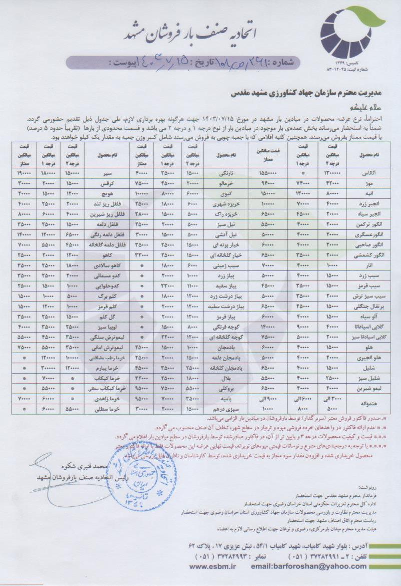 اتحادیه صنف بارفروشان مشهد