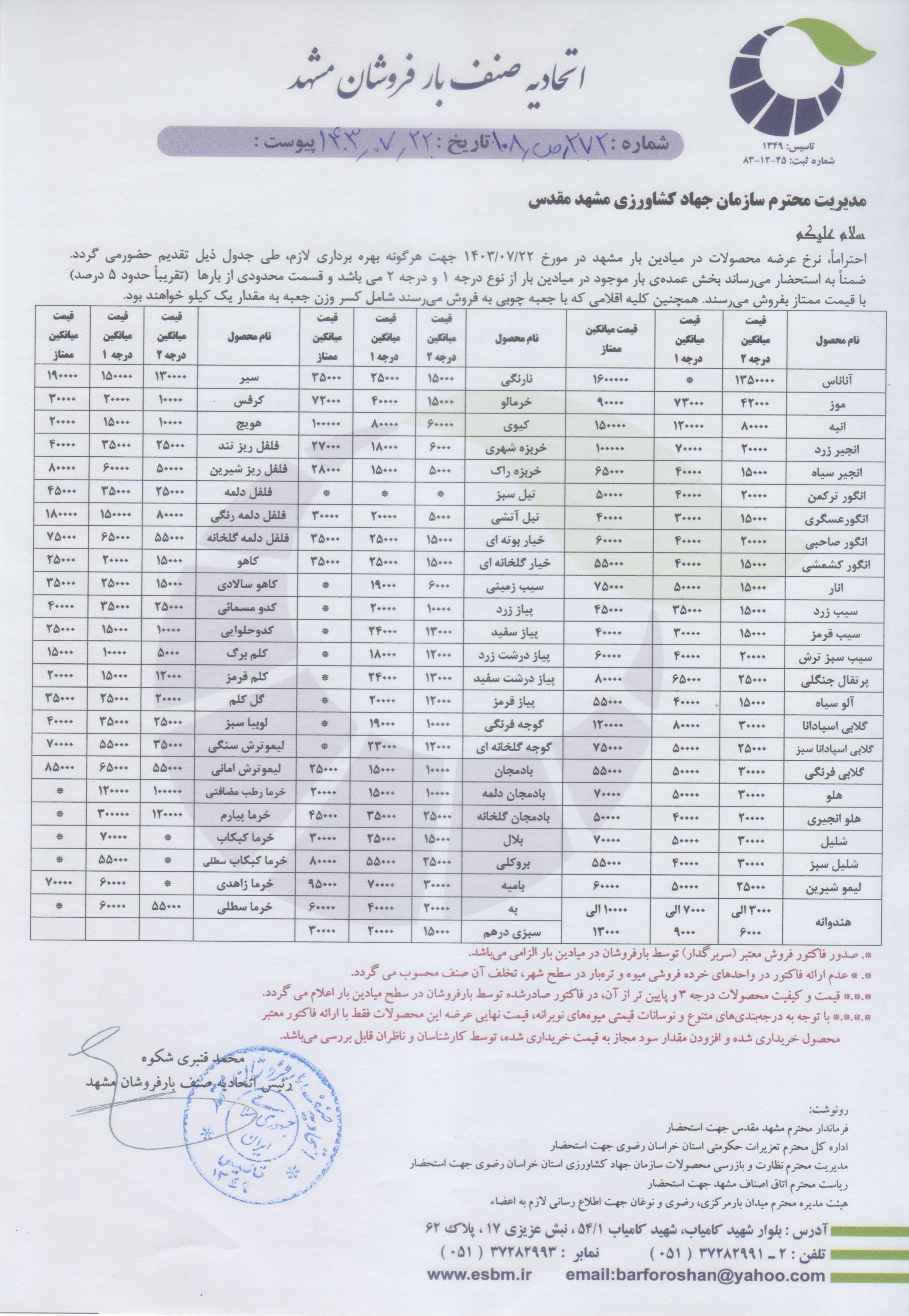 اتحادیه صنف بارفروشان مشهد