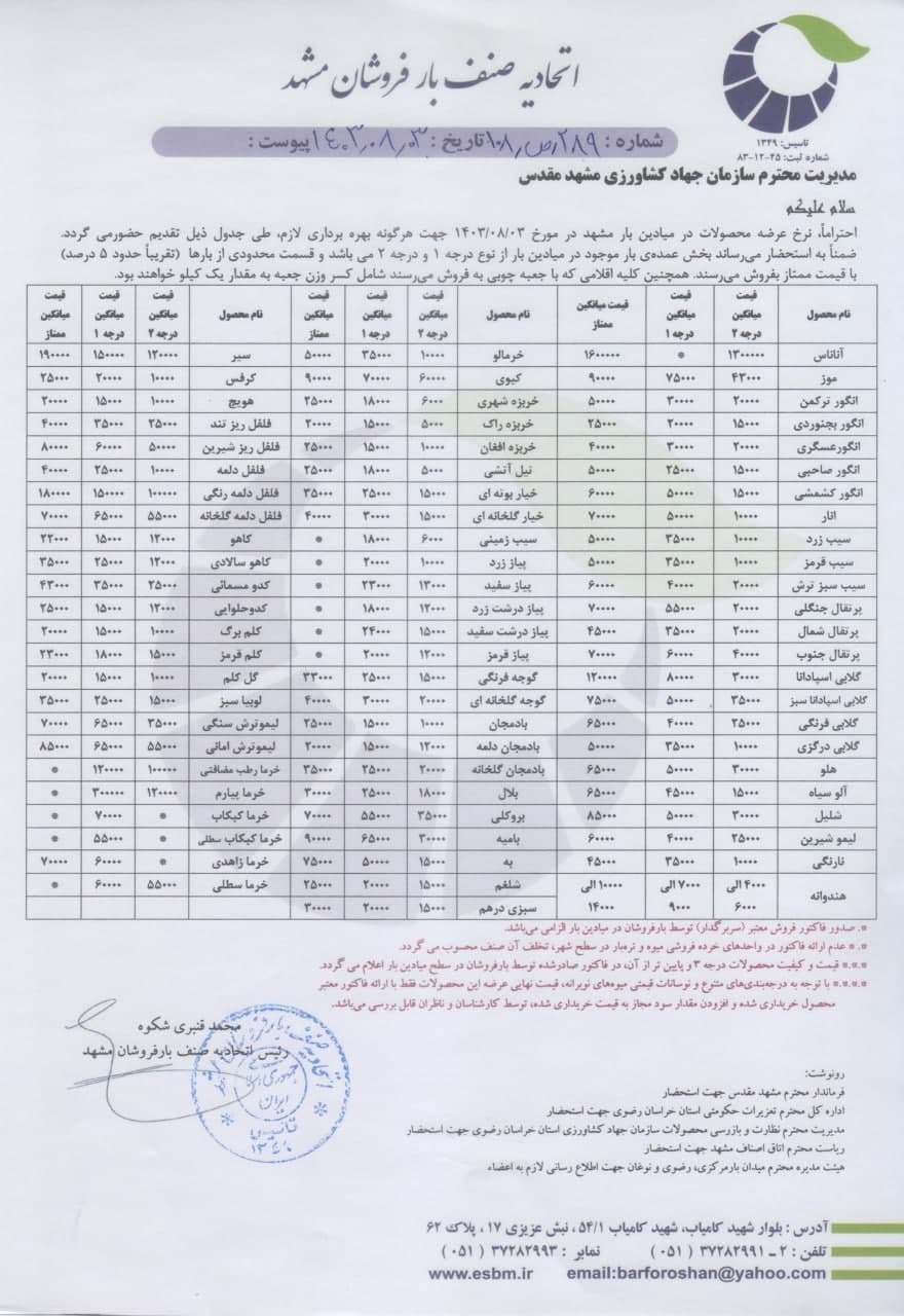 اتحادیه صنف بارفروشان مشهد