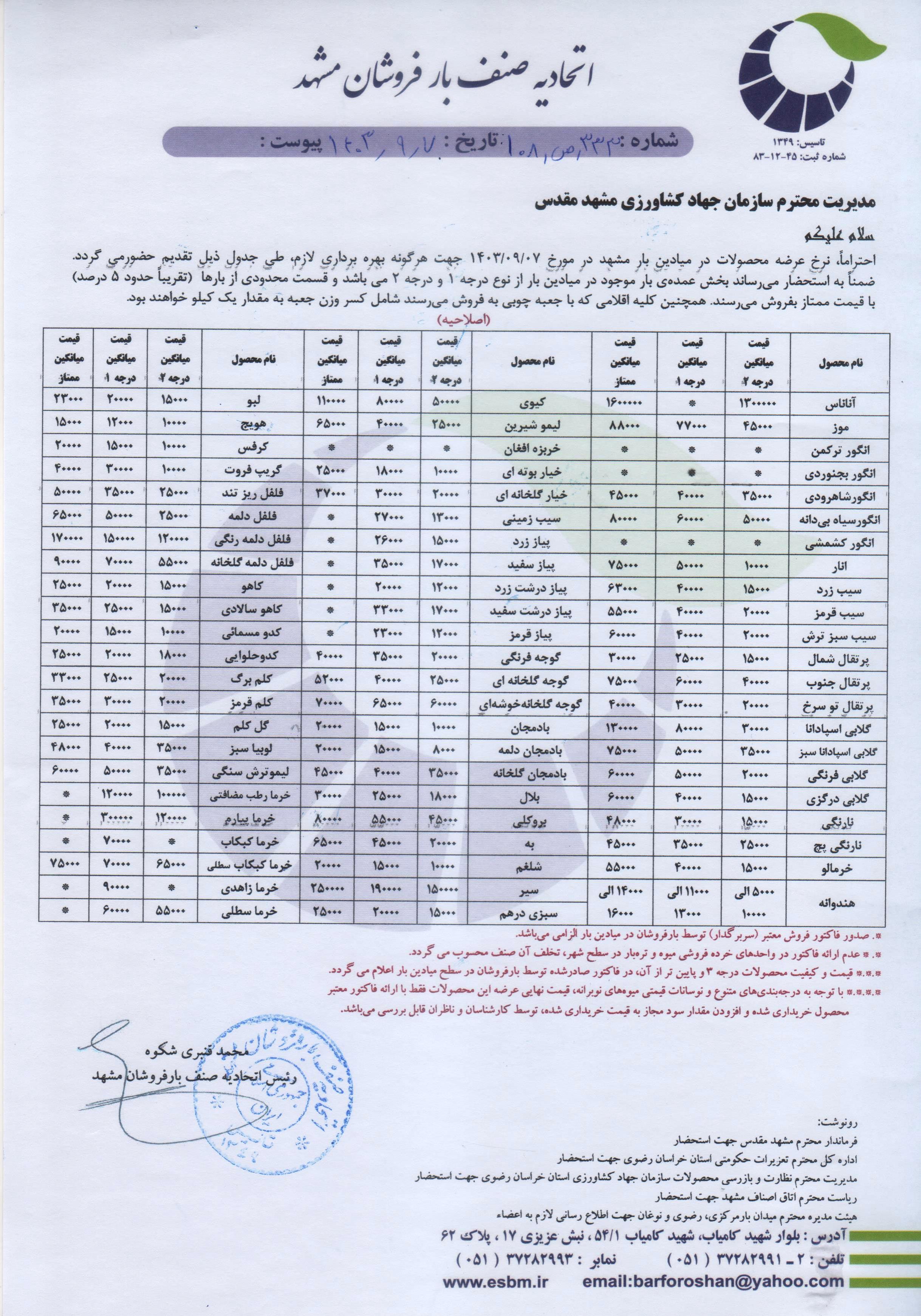 اتحادیه صنف بارفروشان مشهد