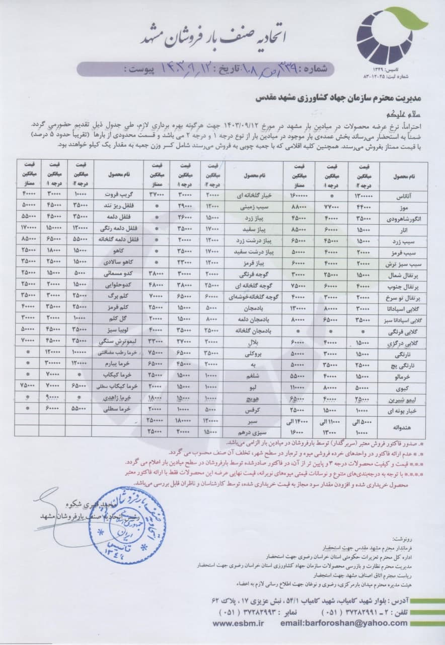 اتحادیه صنف بارفروشان مشهد