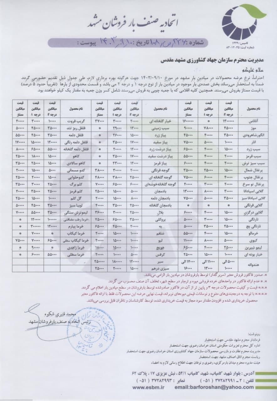 اتحادیه صنف بارفروشان مشهد