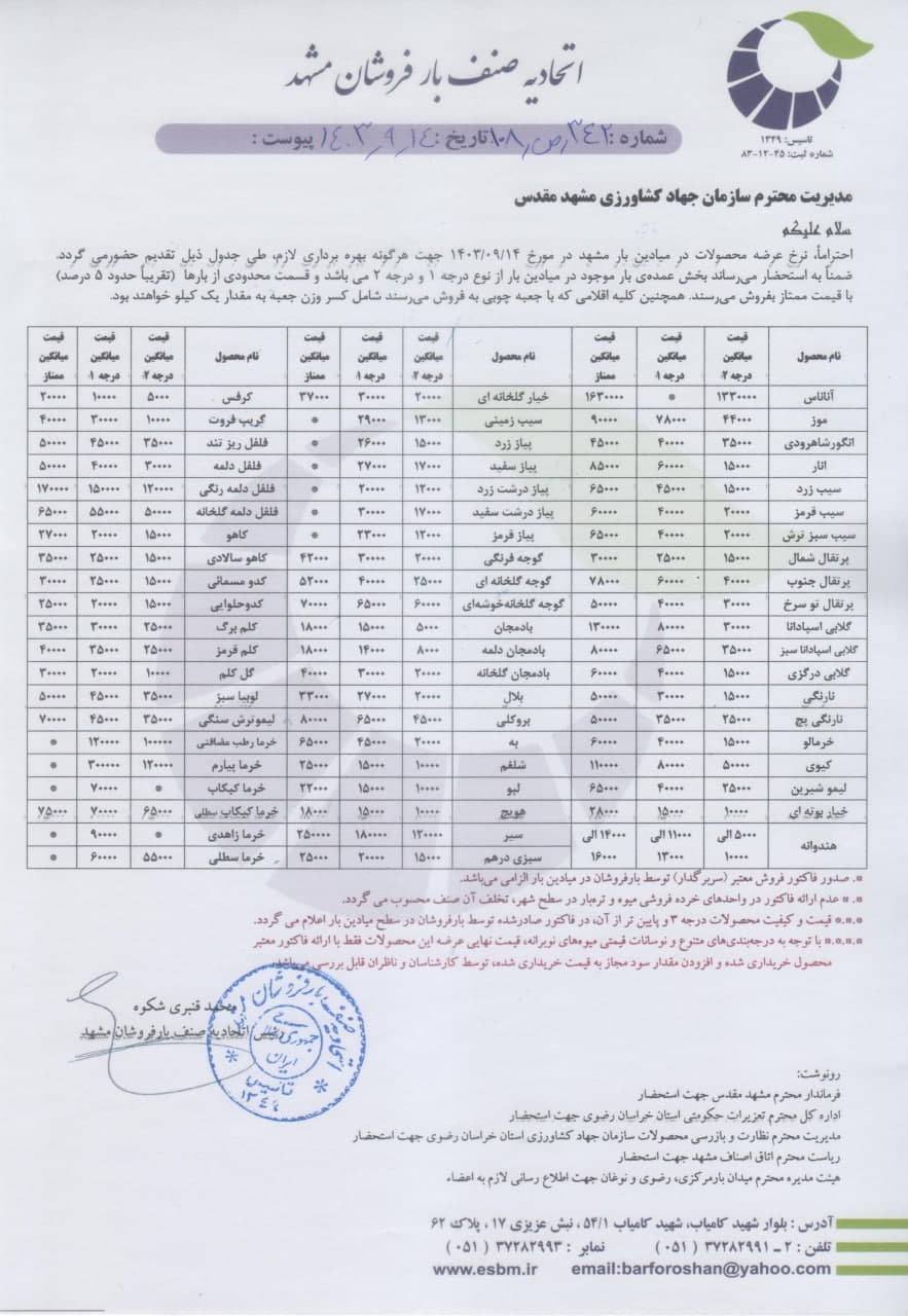 اتحادیه صنف بارفروشان مشهد