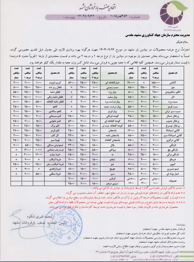 اتحادیه صنف بارفروشان مشهد
