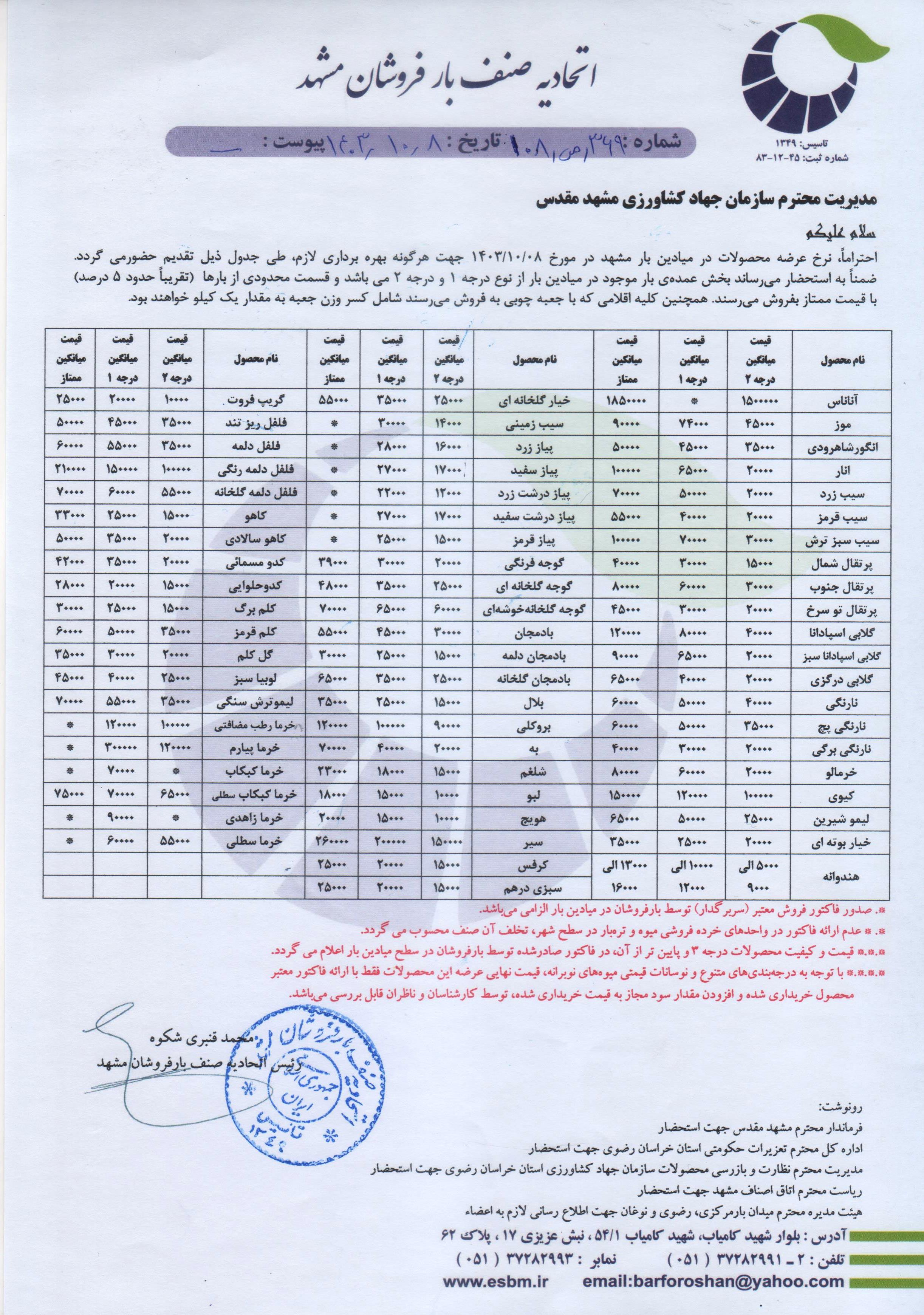 اتحادیه صنف بارفروشان مشهد
