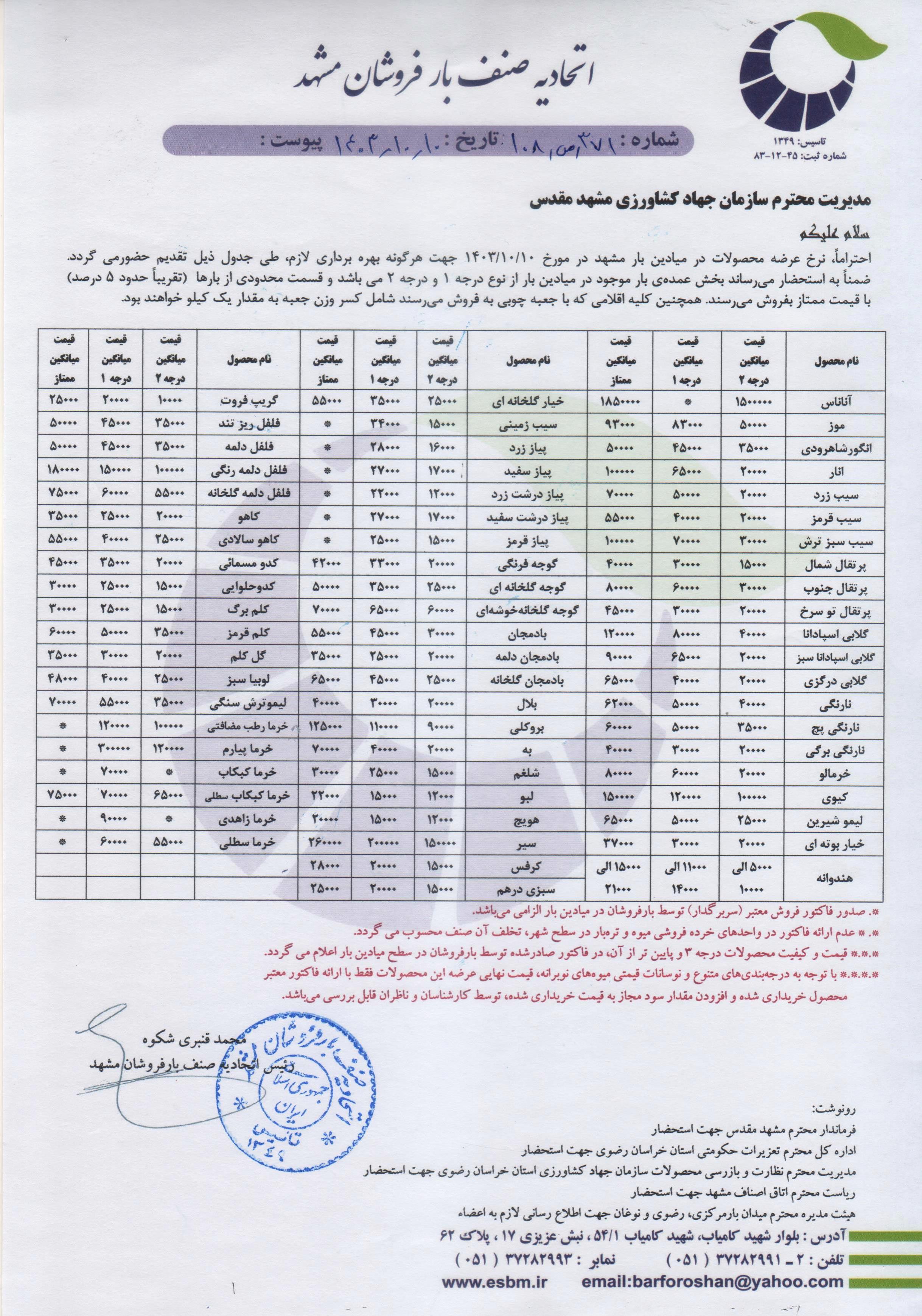 اتحادیه صنف بارفروشان مشهد