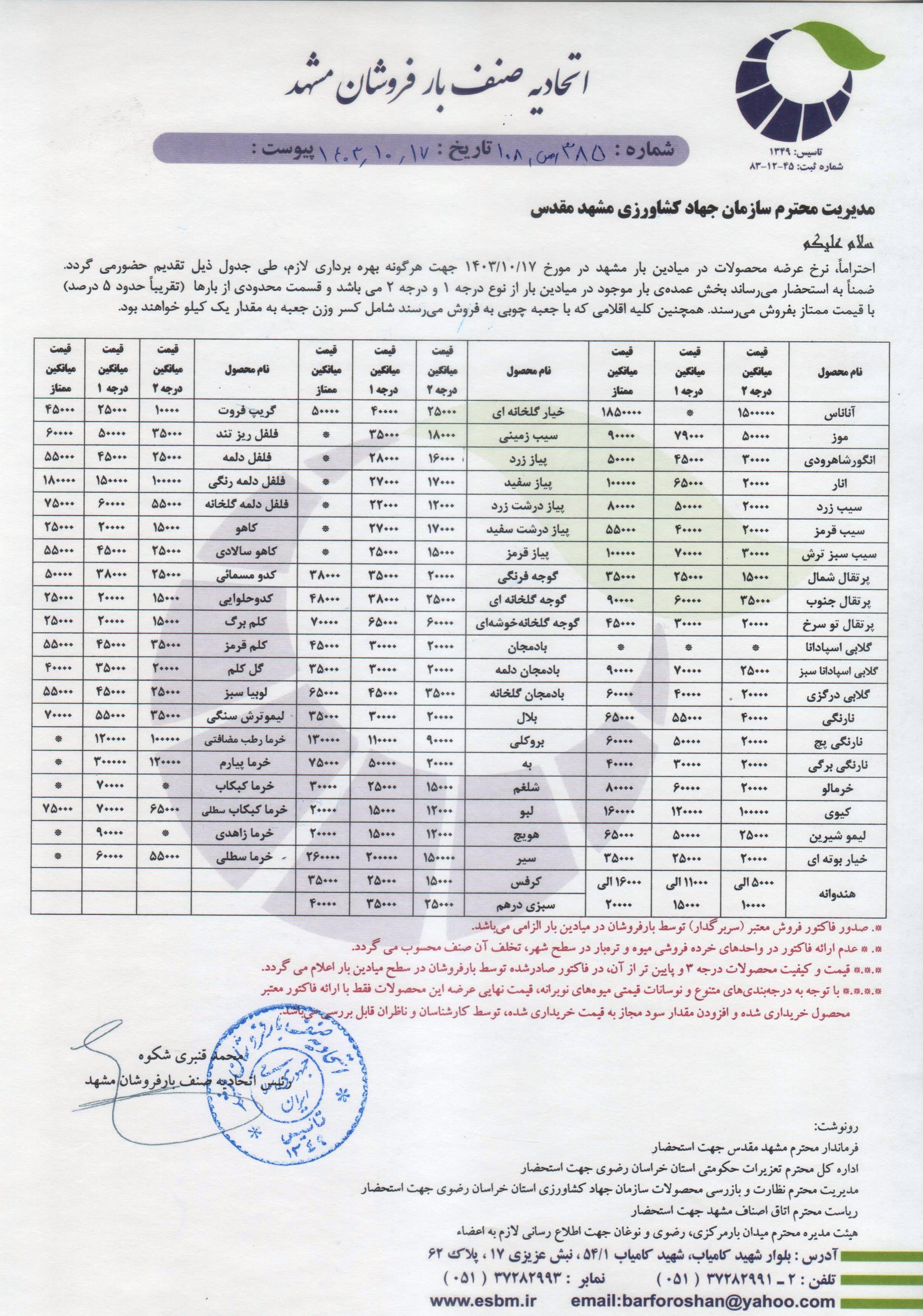 اتحادیه صنف بارفروشان مشهد