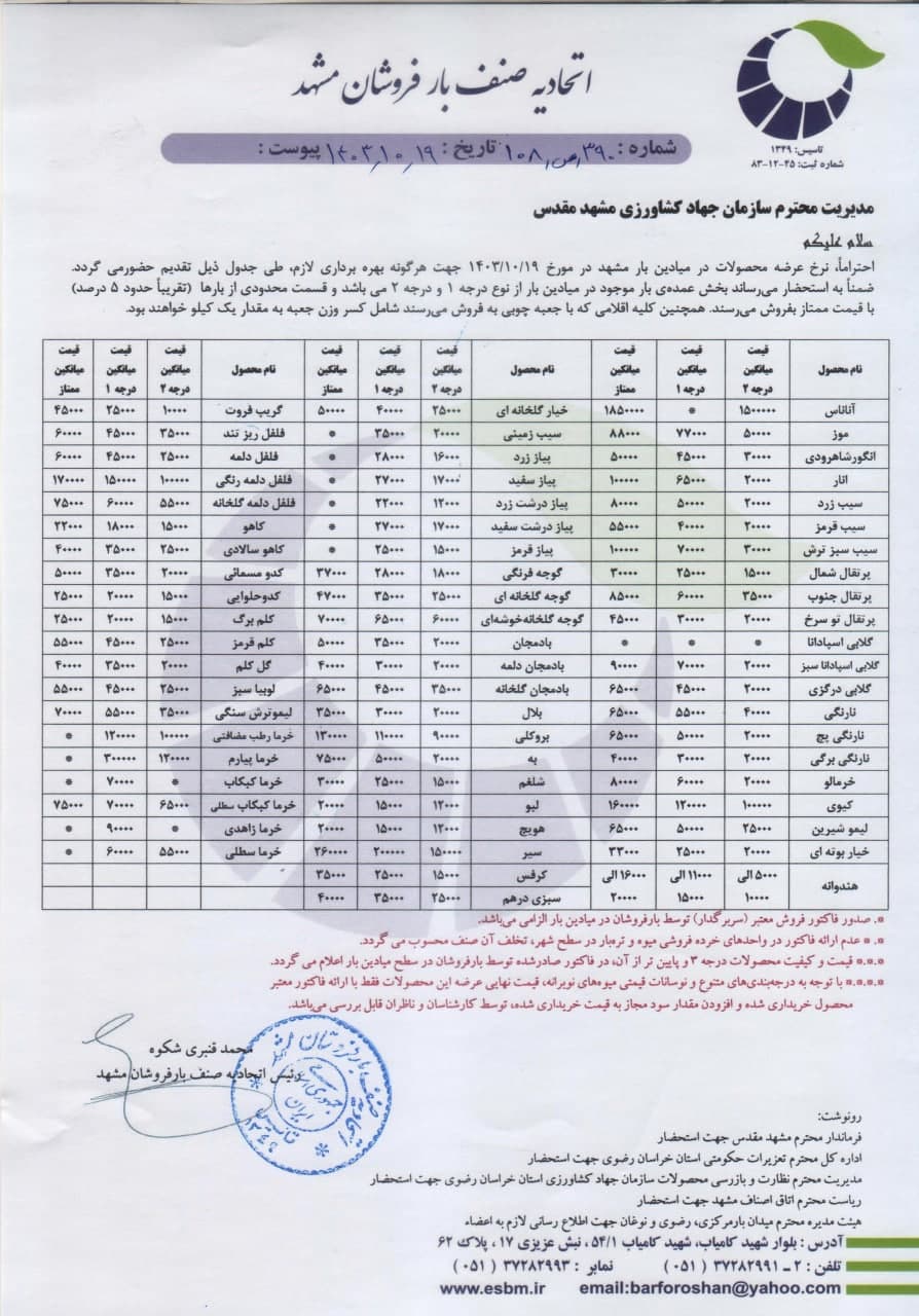 اتحادیه صنف بارفروشان مشهد