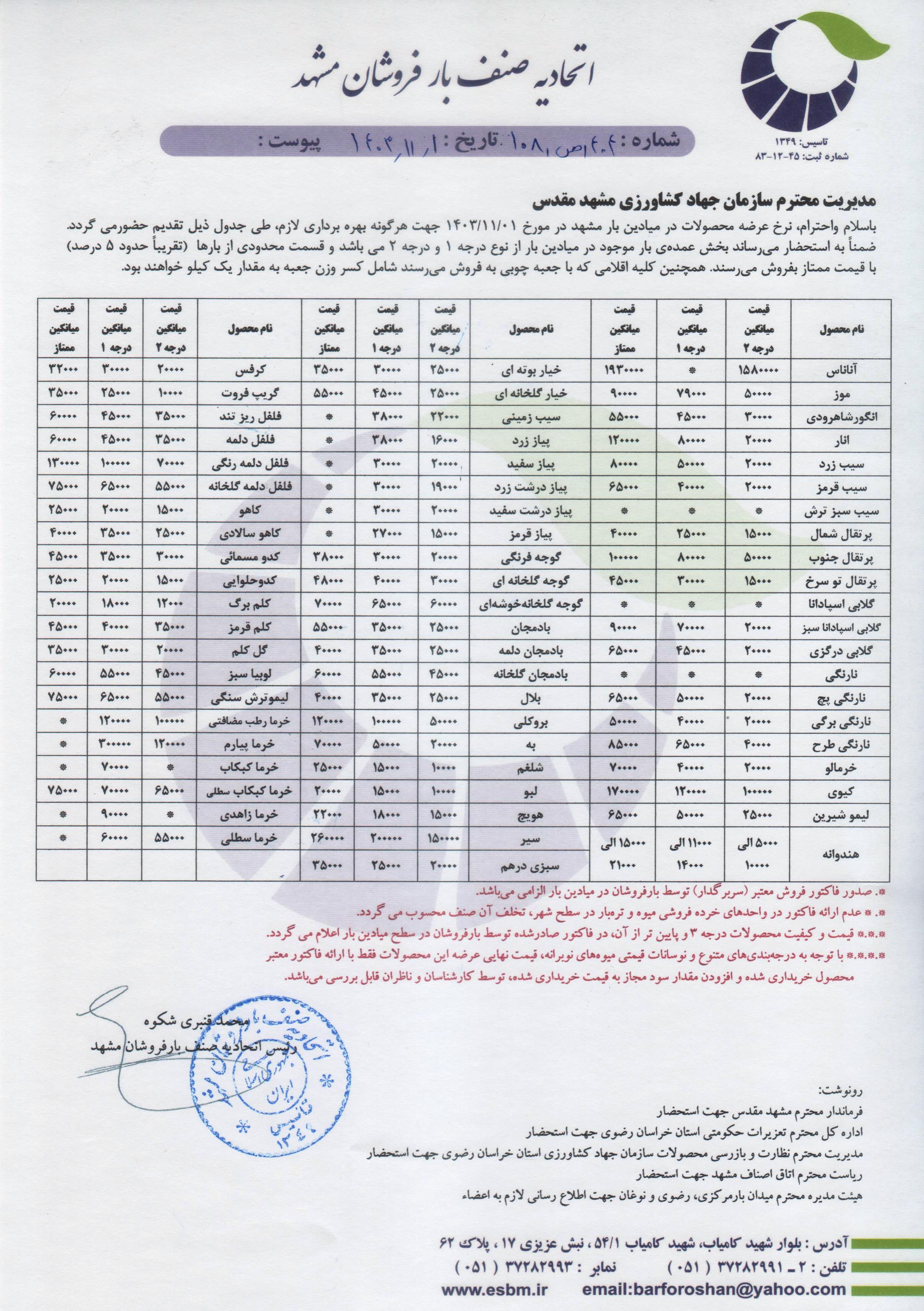 اتحادیه صنف بارفروشان مشهد
