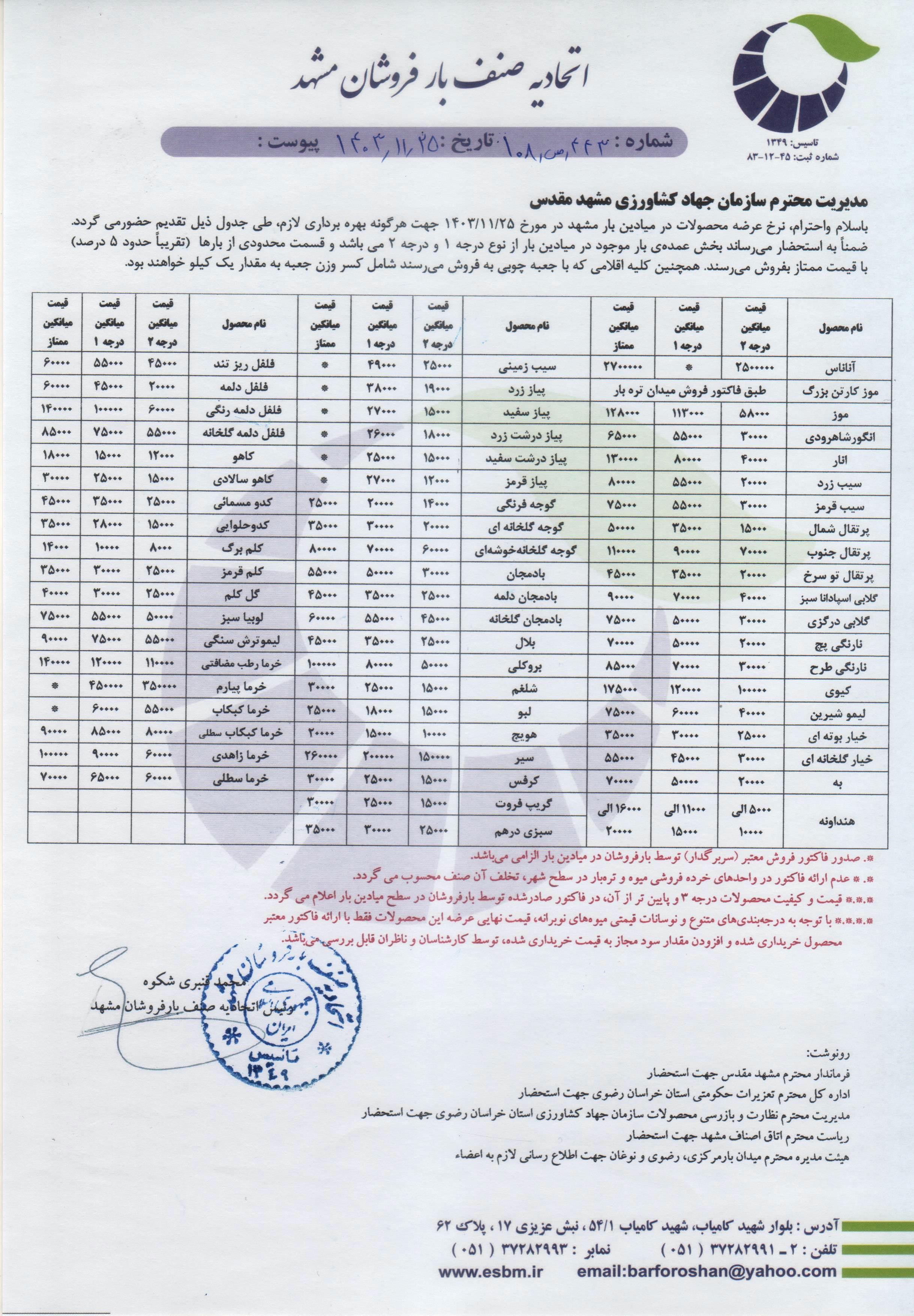 اتحادیه صنف بارفروشان مشهد