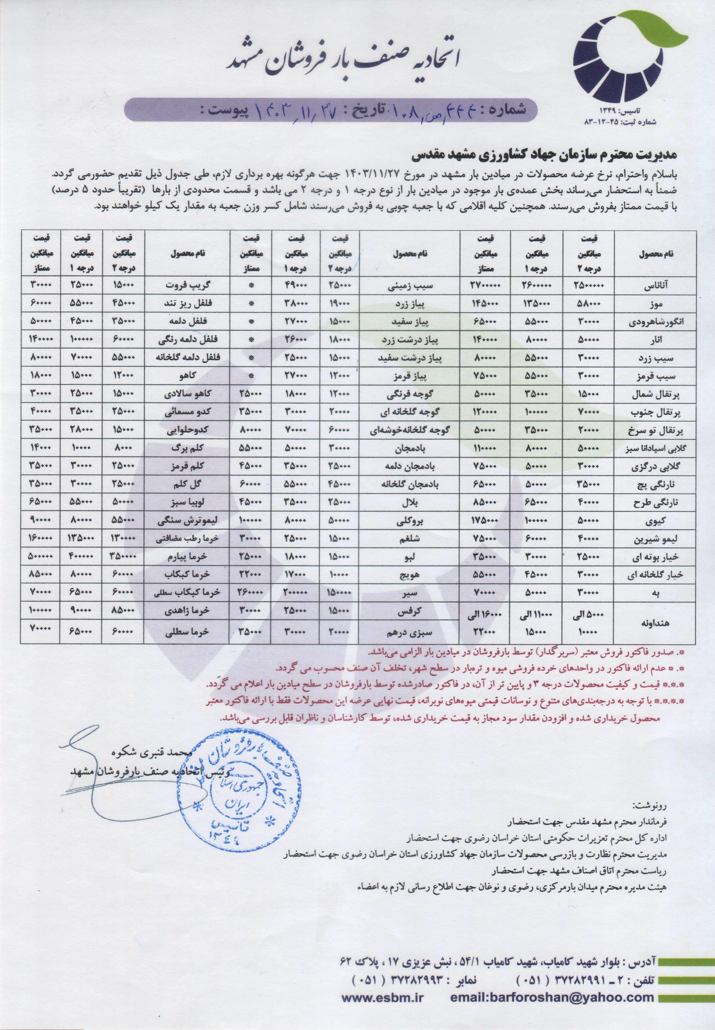 اتحادیه صنف بارفروشان مشهد