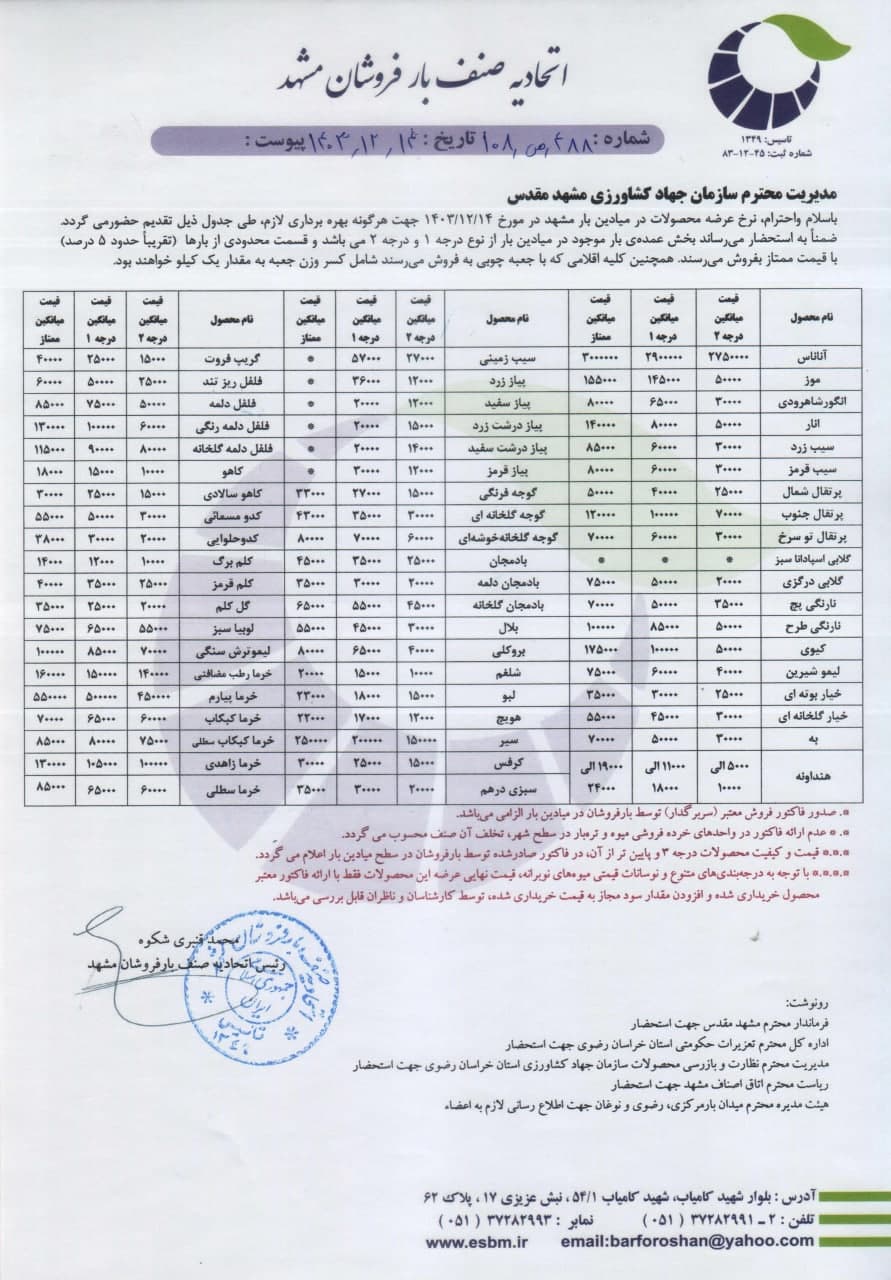 اتحادیه صنف بارفروشان مشهد