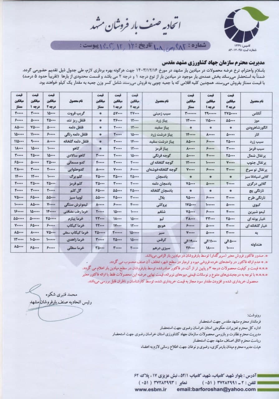 اتحادیه صنف بارفروشان مشهد