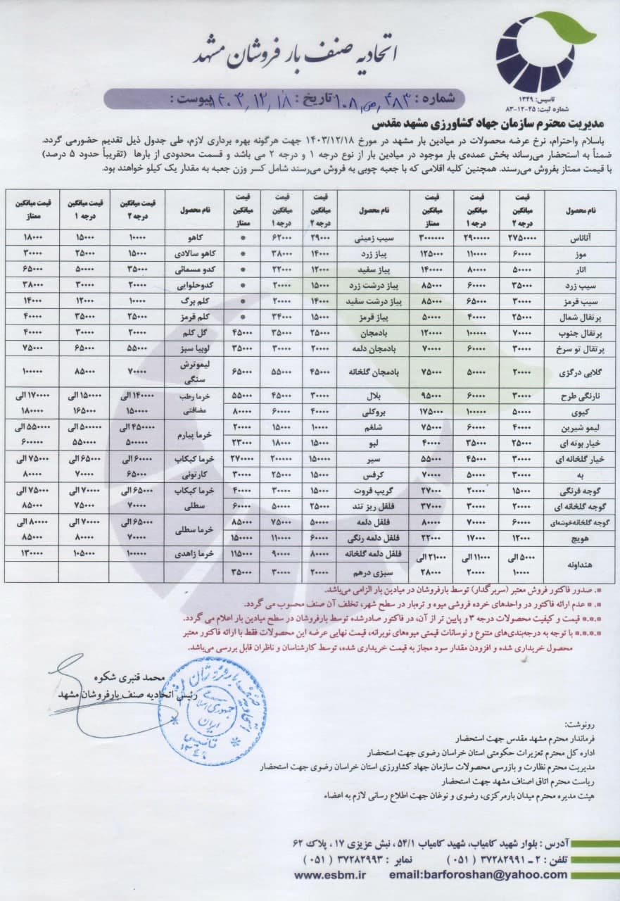 اتحادیه صنف بارفروشان مشهد