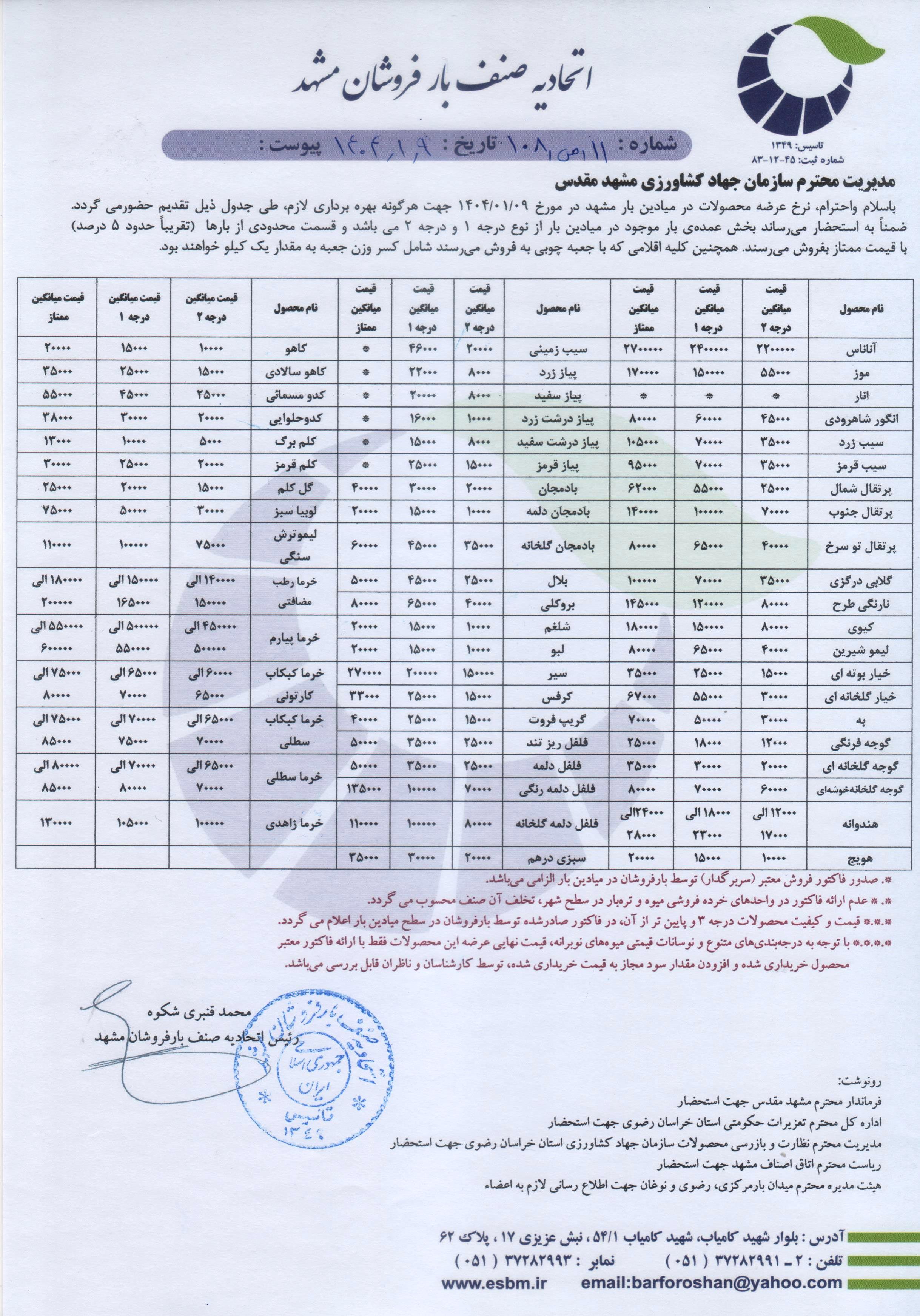اتحادیه صنف بارفروشان مشهد